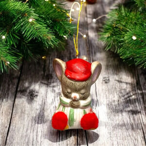 VINTAGE Jasco Sleeping Mouse in Pajamas & Cap Ornament Bell